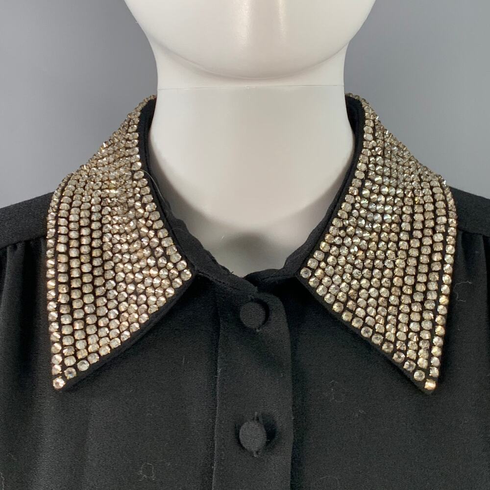 SAINT LAURENT Size 8 Black Gold Wool Crepe Rhinestones Long Sleeve Dress - Picture 2 of 10